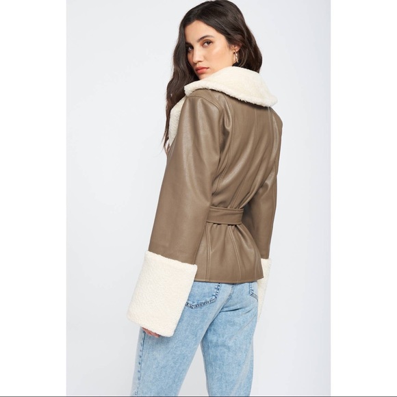 PRICE DROP Belted Faux Shearling Trimmed Taupe Leather Jacket - Picture 9 of 10